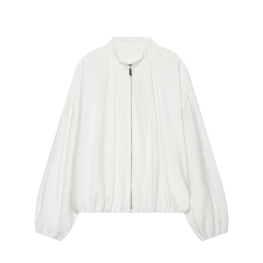 Damen Oversize Leichte Bomberjacke aus gestreiftem Webstoff mit Stehkragen, Reißverschluss und elastischem Saum Shop Nory