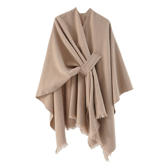 Damen Strickponcho mit geometrischem Blockmuster und Fransen Shop Nory