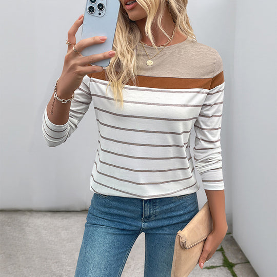 Damen Langarm-Shirt mit feinem Streifenmuster, Kontrast-Schulterpasse und Rundhalsausschnitt Shop Nory