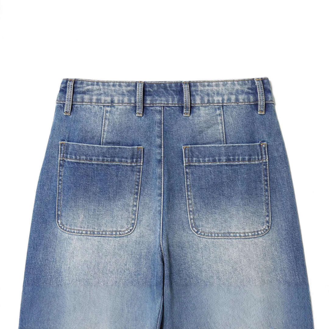 Damen Weite High‑Waist Cropped Denim-Jeans mit aufgesetzten Taschen und rohem Saum Shop Nory