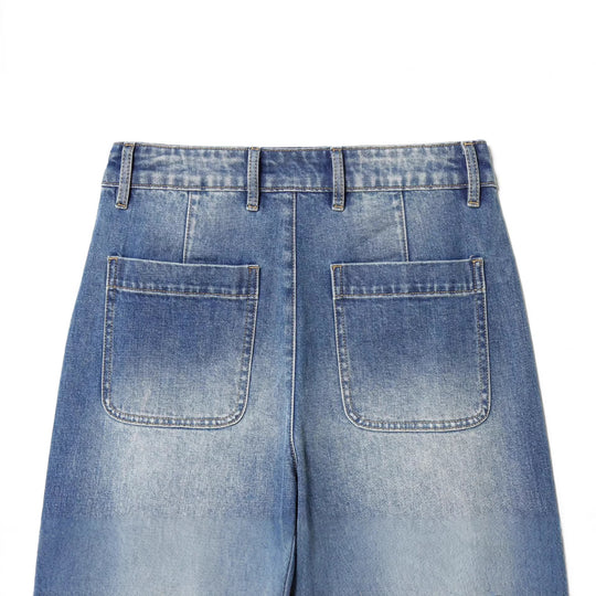 Damen Weite High‑Waist Cropped Denim-Jeans mit aufgesetzten Taschen und rohem Saum Shop Nory