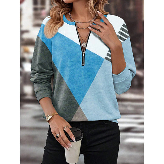 Damen Freizeitsweatshirt mit Halbzipp und geometrischem Farbkombinationsmuster Shop Nory