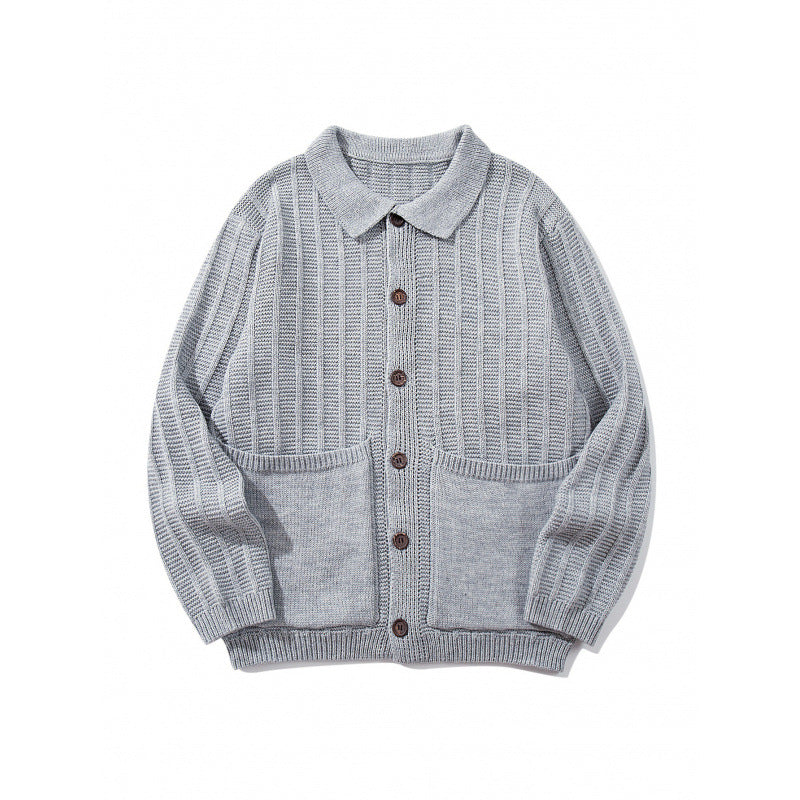Unisex Grobgestrickte Hemdjacke mit Kentkragen, Knopfleiste und aufgesetzten Taschen Shop Nory