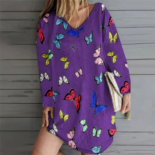 Damen Oversize Tunika-Kleid mit V-Ausschnitt und Schmetterlingsprint Shop Nory