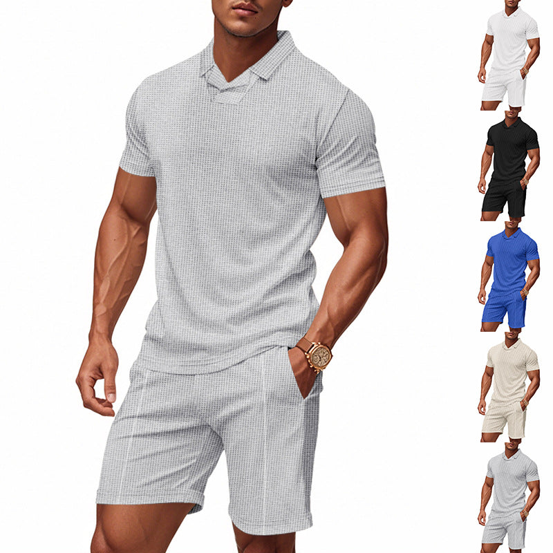 Herren nan lässiges Waffelstruktur-Freizeitset mit Reverskragen-Kurzarmshirt und elastischen Freizeitshorts