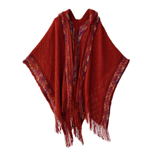 Damen Kapuzenponcho mit Fransen und gewebten Bordüren-Details Shop Nory