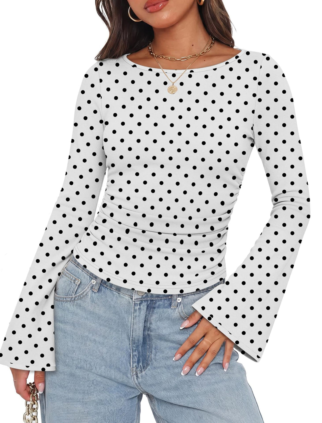 Damen Geripptes Langarmshirt mit Raffung, Trompetenärmeln und Kontrastbesatz Shop Nory