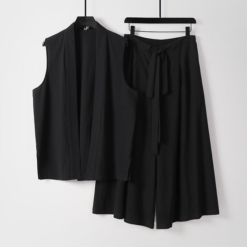 Damen Ärmellose Kimono-Weste und Hochtaillierte Culotte-Hose mit Bindegürtel Shop Nory