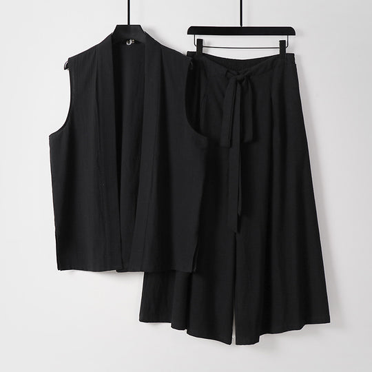 Damen Ärmellose Kimono-Weste und Hochtaillierte Culotte-Hose mit Bindegürtel Shop Nory