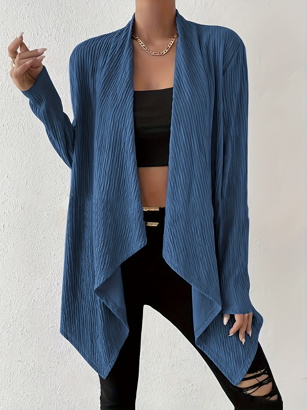 Damen Offener Crinkle-Cardigan mit Wasserfall-Saum und Longline-Silhouette Shop Nory