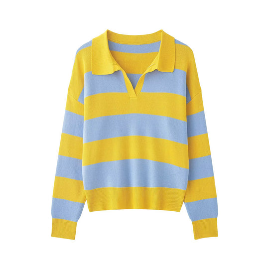 Damen Gestreifter Oversize-Rugby-Pullover mit Polokragen und V-Ausschnitt Shop Nory