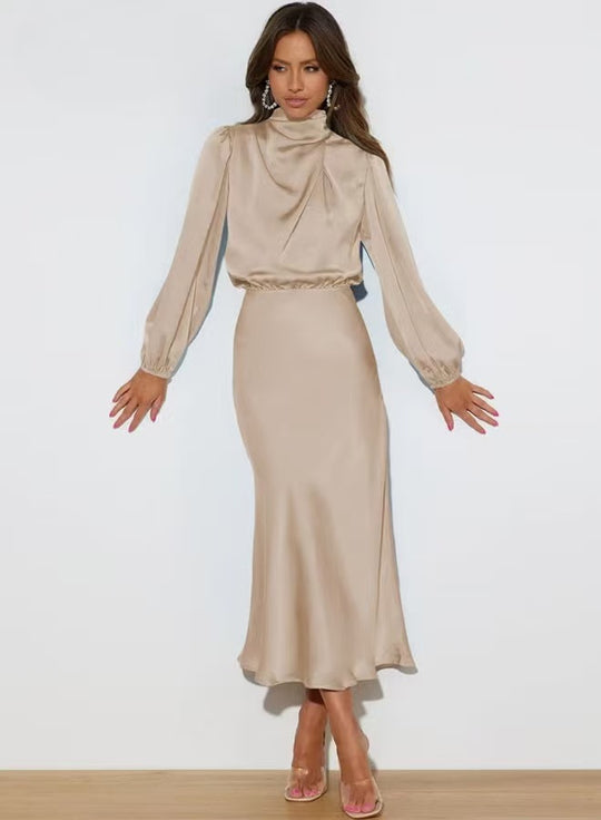 Damen Elegantes Satin-Midikleid mit Stehkragen, Blouson-Oberteil und fließendem Rock Shop Nory