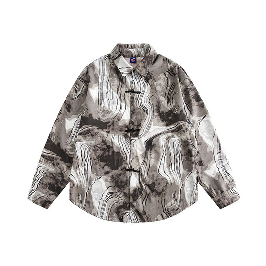 Unisex Boxy-Overshirt-Jacke mit Marmorprint und traditioneller Knebelverschluss-Optik Shop Nory