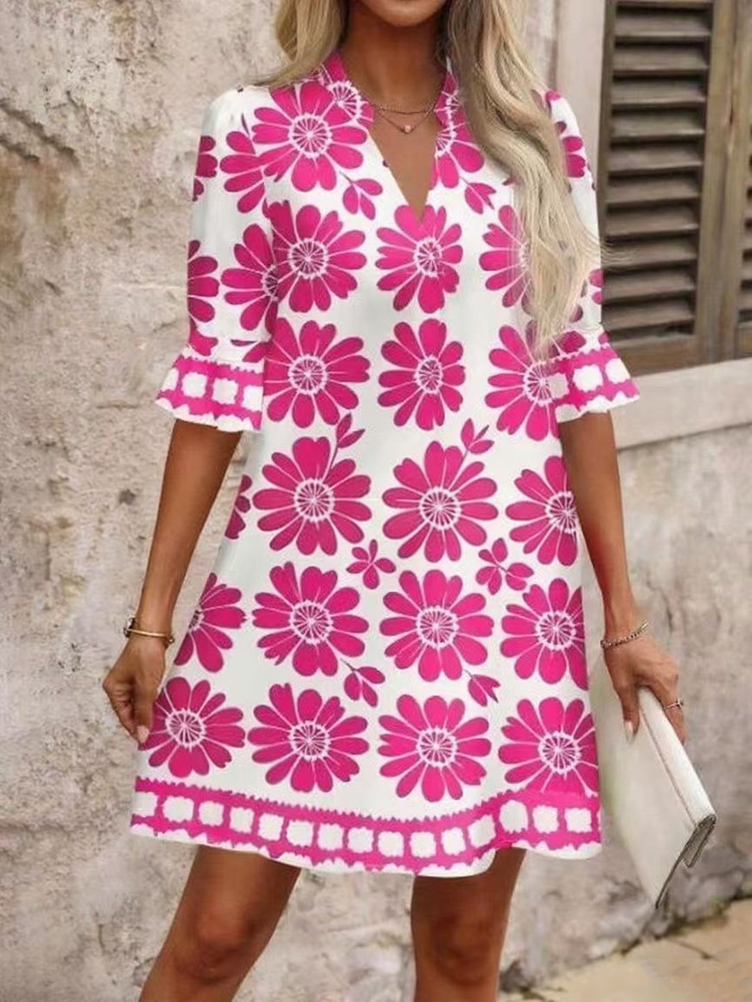 Damen Leichtes Sommer Tunika Kleid mit V Ausschnitt und Volantärmeln Shop Nory