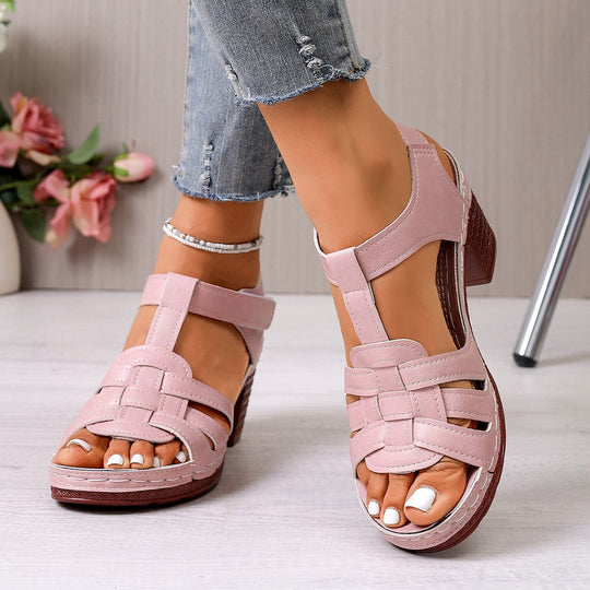 Damen Komfortable Riemchen-Sandalen mit geschwungenem Absatz und atmungsaktivem Leder