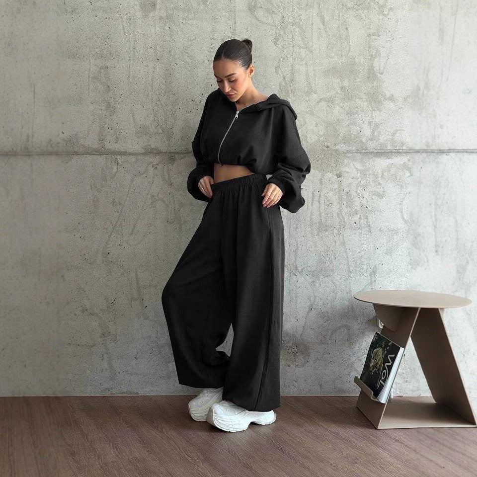 Damen Cropped-Zip-Hoodie und weite High-Waist-Loungehose Zweiteiler Shop Nory