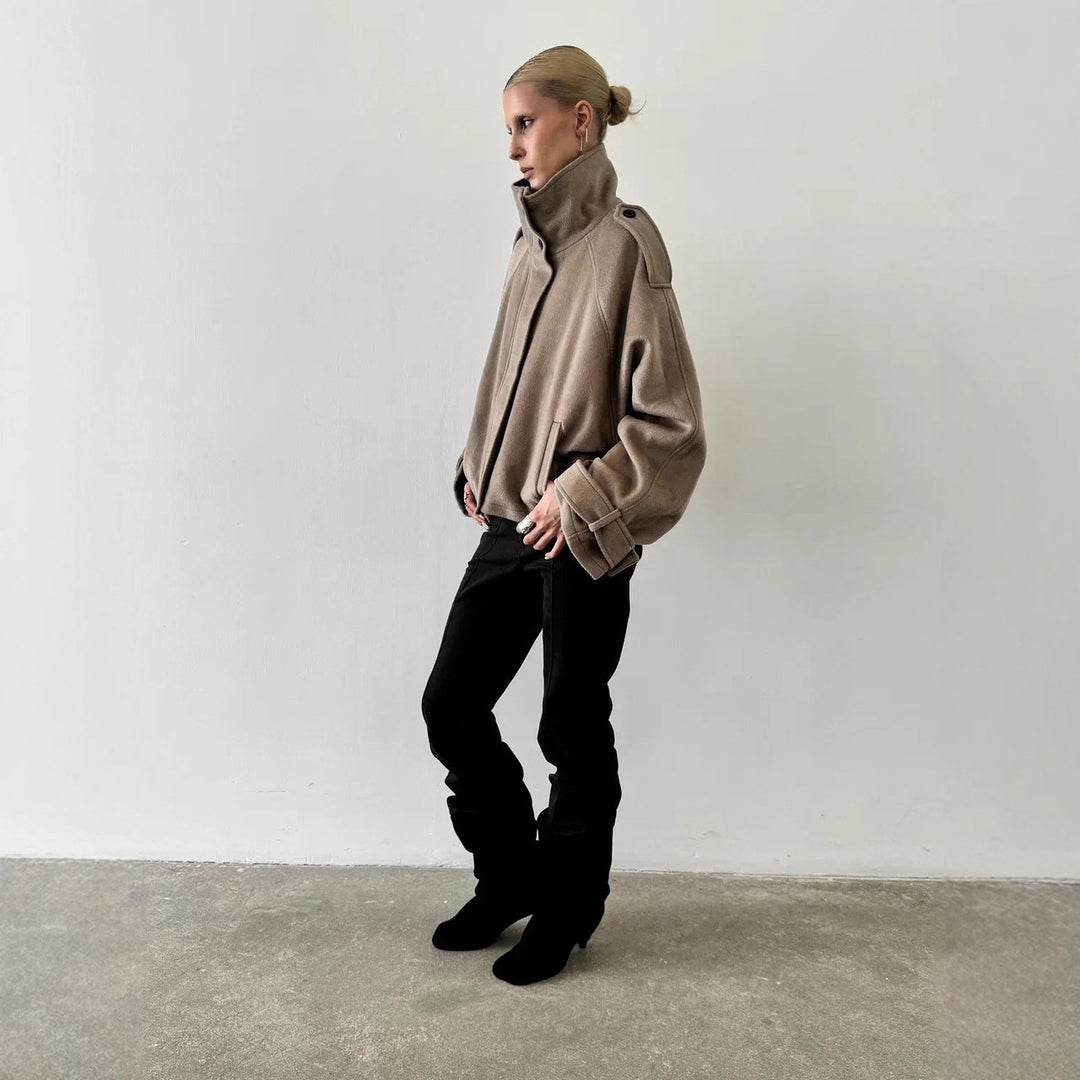 Damen Oversized Woll-Cropped-Jacke mit hohem Stehkragen und Ballonärmeln Shop Nory