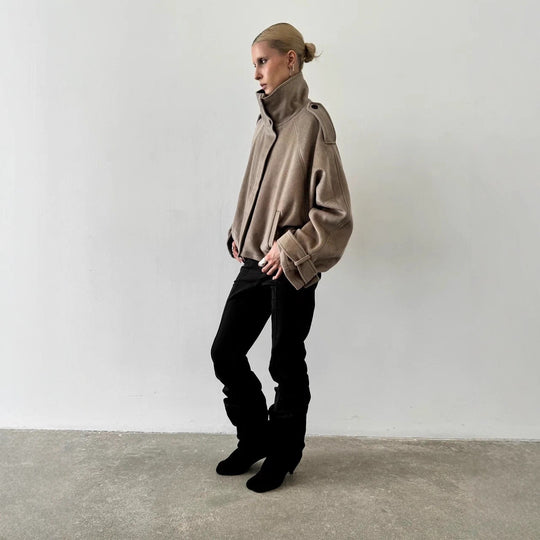 Damen Oversized Woll-Cropped-Jacke mit hohem Stehkragen und Ballonärmeln Shop Nory