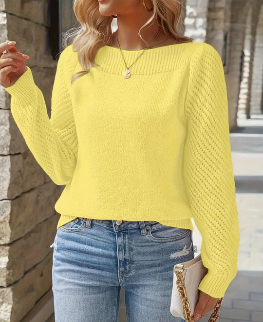 Damen nan feiner Strickpullover mit Ajour- Puffärmeln und U-Boot-Ausschnitt Shop Nory