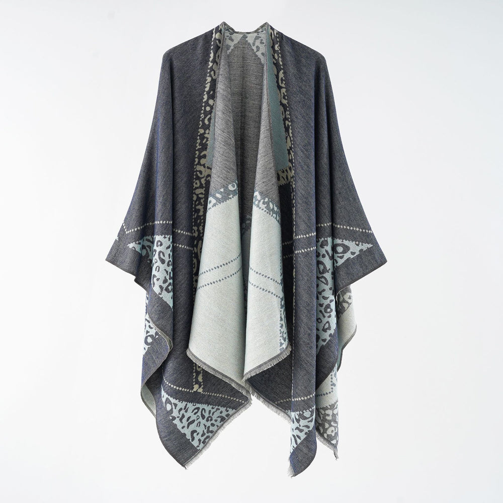 Damen Oversize Cape-Überwurf mit jacquardgewebten Patchmotiven und Fransensaum Shop Nory