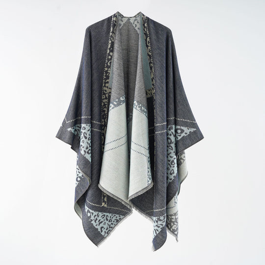 Damen Oversize Cape-Überwurf mit jacquardgewebten Patchmotiven und Fransensaum Shop Nory