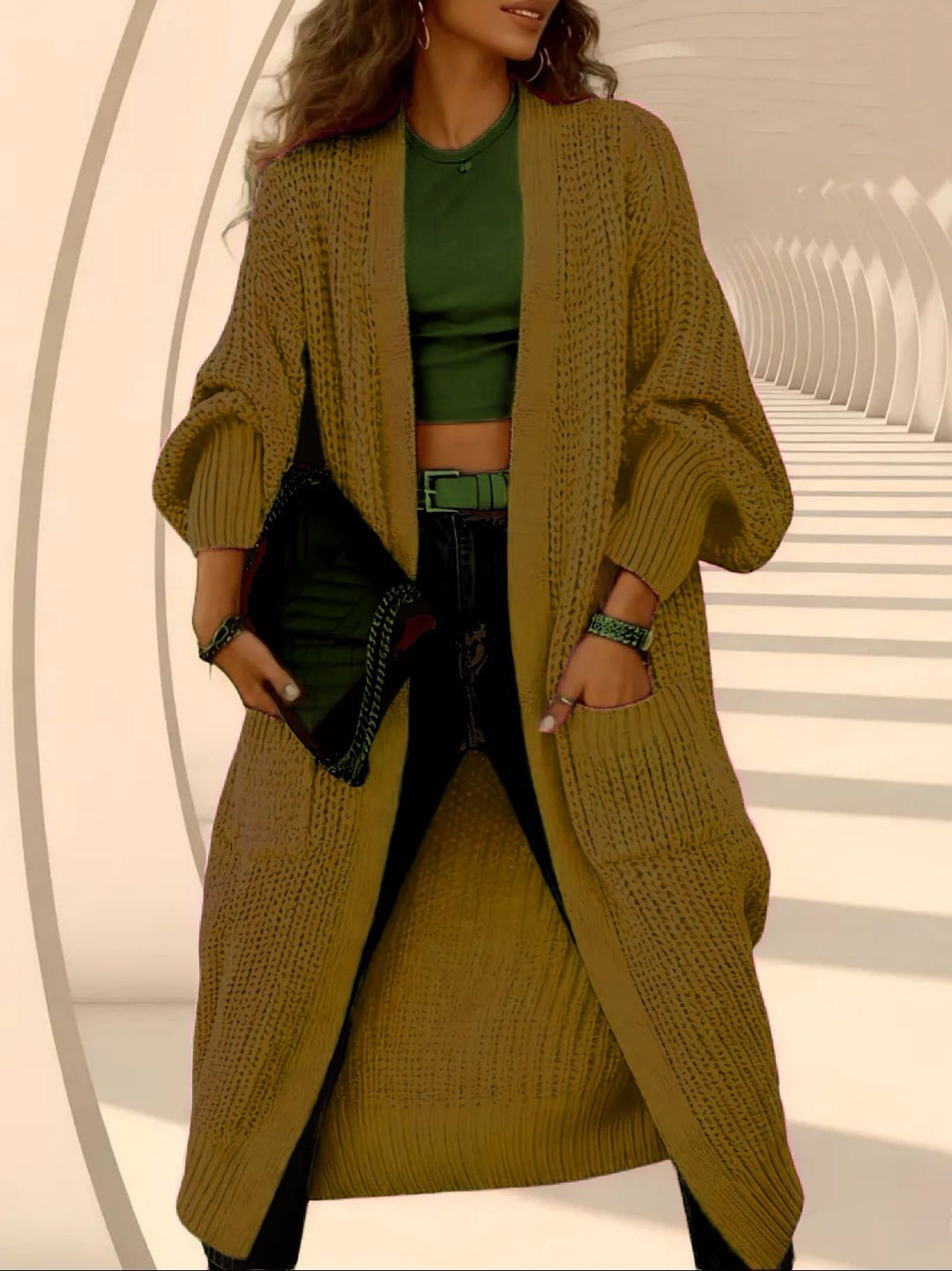 Damen Langer Offener Grobstrick-Mantelcardigan mit Flechtstruktur und überschnittener Schulter Shop Nory