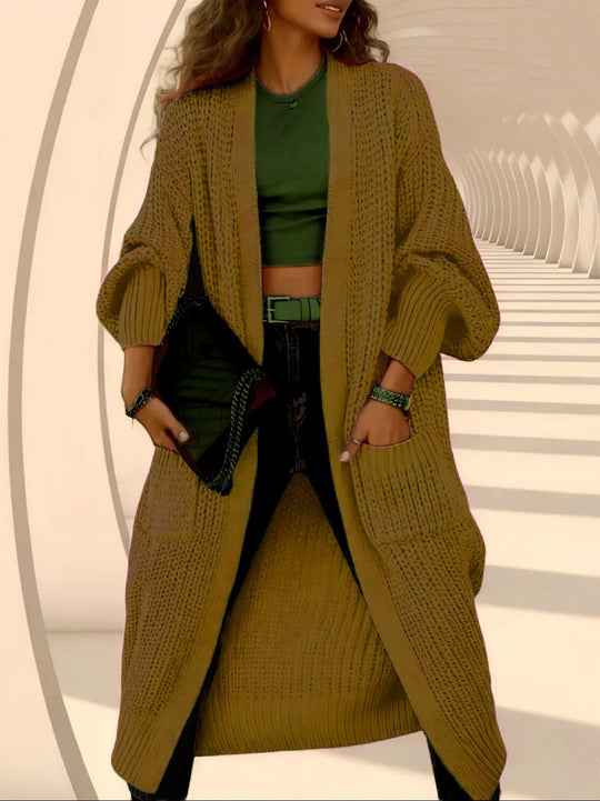 Damen Langer Offener Grobstrick-Mantelcardigan mit Flechtstruktur und überschnittener Schulter Shop Nory