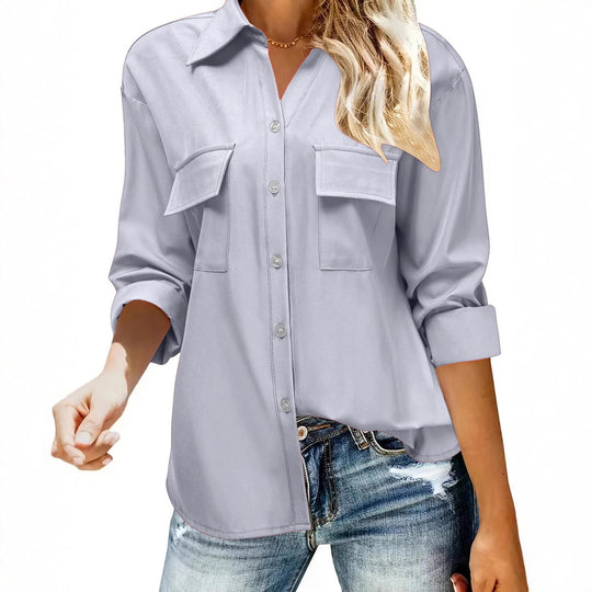 Damen Oversize-Hemdbluse mit Pattentaschen, durchgehender Knopfleiste und umgeschlagenen Ärmeln Shop Nory