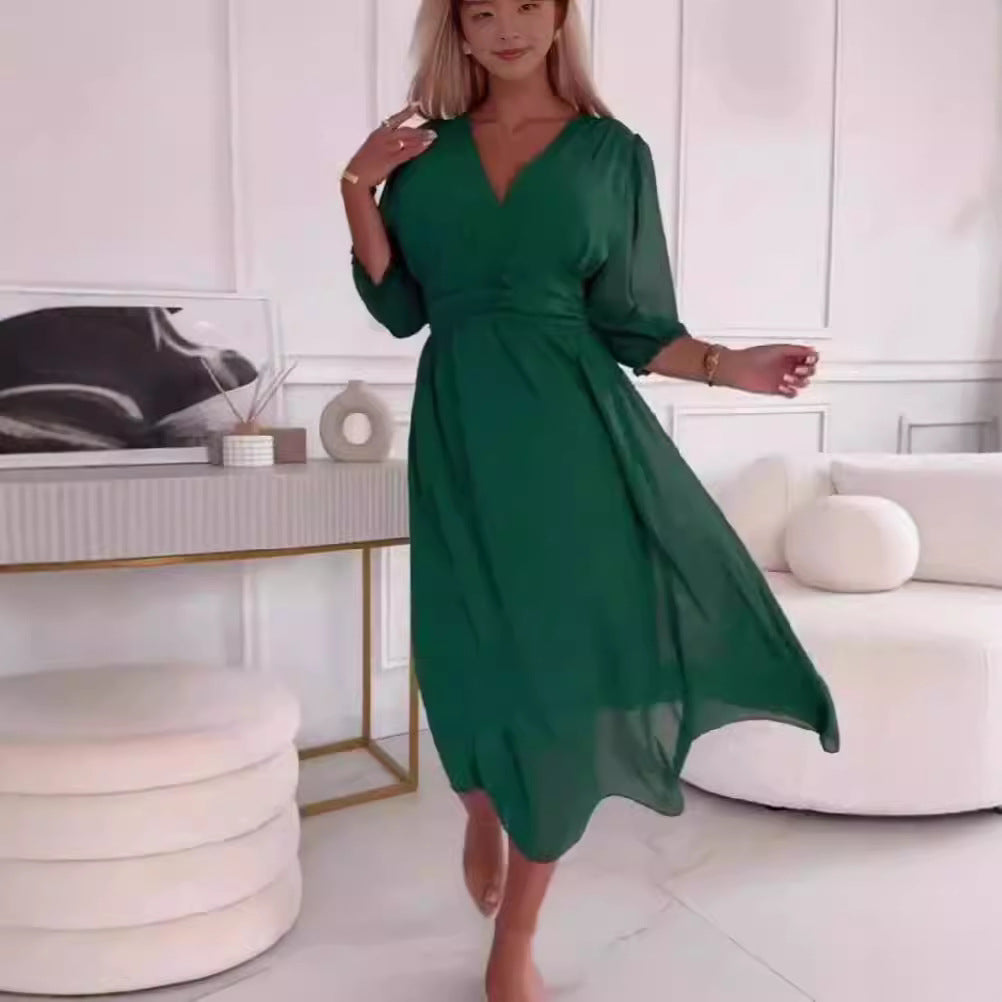 Damen Chiffon Maxi Kleid mit V-Ausschnitt, Rüschengesäß und 3/4 Ärmeln Shop Nory