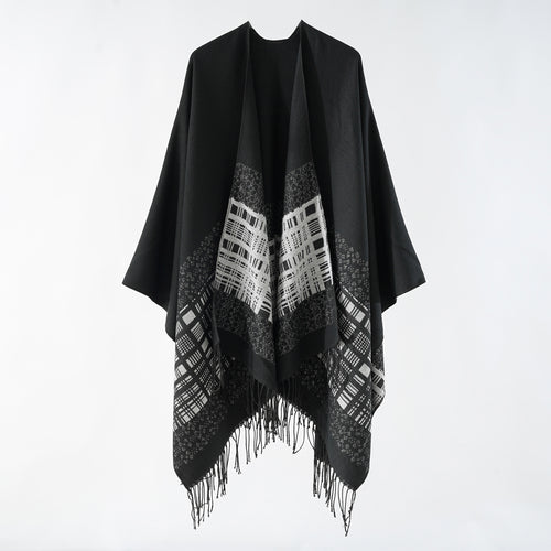 Damen Wollmix-Schulterponcho mit Jacquardmuster und Fransensaum Shop Nory