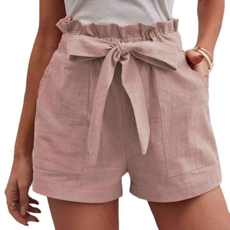 Damen kurze Lockere Leinenhose mit Bindegürtel