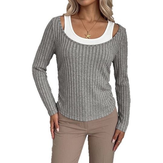 Damen Geripptes Langarmshirt mit weitem U-Boot-Ausschnitt und taillierter Silhouette Shop Nory