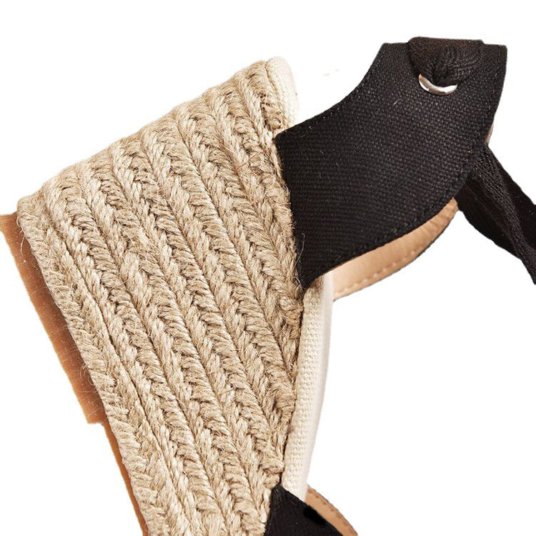 Damen nan Textil-Espadrille mit Bastkeil, Schleifenband-Knöchelriemen und gehäkelter Zehenkappe Shopnory