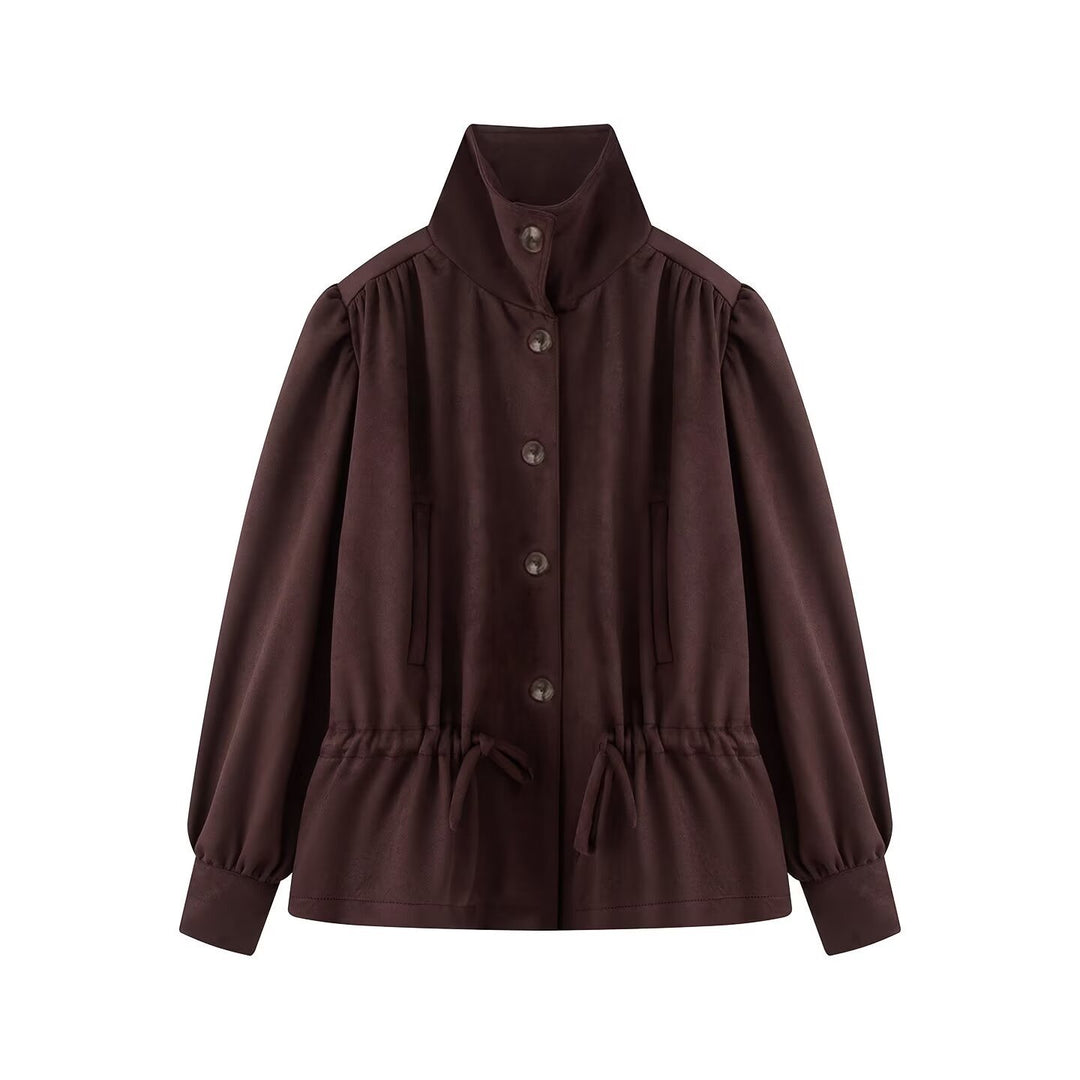 Damen Kurzjacke im Velours‑Suede‑Look mit Stehkragen, Tunnelzug und Ballonärmeln Shop Nory