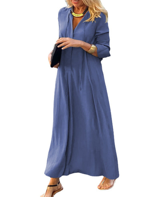 Damen Maxikleid mit V-Ausschnitt, Langärmelig, lockere A-Linien‑Silhouette und Kordelzug Shop Nory