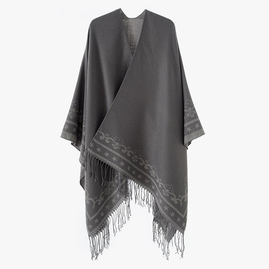 Damen Überwurfponcho aus Wollmix mit dezentem Jacquardbordüren‑Muster und Fransensaum Shop Nory