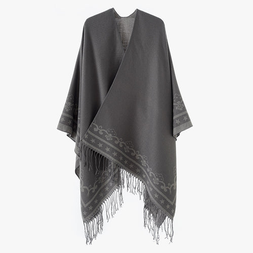 Damen Überwurfponcho aus Wollmix mit dezentem Jacquardbordüren‑Muster und Fransensaum Shop Nory
