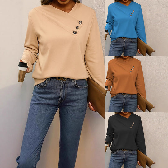 Damen Asymmetrische V-Ausschnitt Bluse mit Zierknopfleiste und Langarm Shop Nory