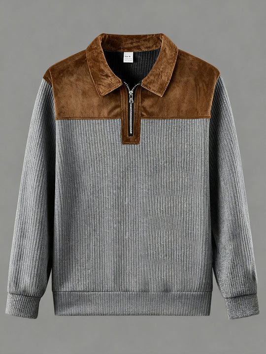 Unisex nan feinstrukturierter Strickpullover mit halbem Reißverschlusskragen und Samtbesatz Shop Nory