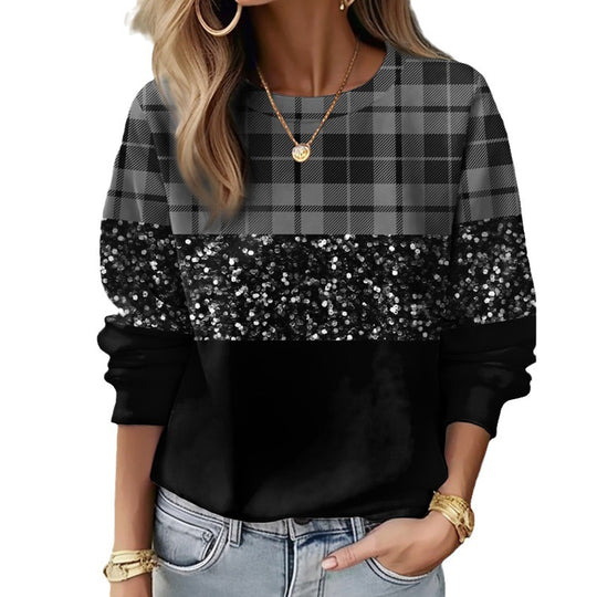 Damen Sweatshirt mit Karomuster, Pailletten-Band und lockerem Saum Shop Nory