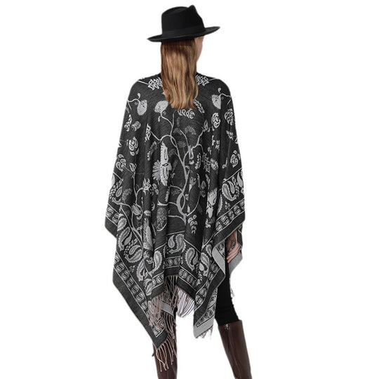 Damen Jacquard-Poncho im Oversize-Kaftan mit floraler und Vogelornamentik Shop Nory