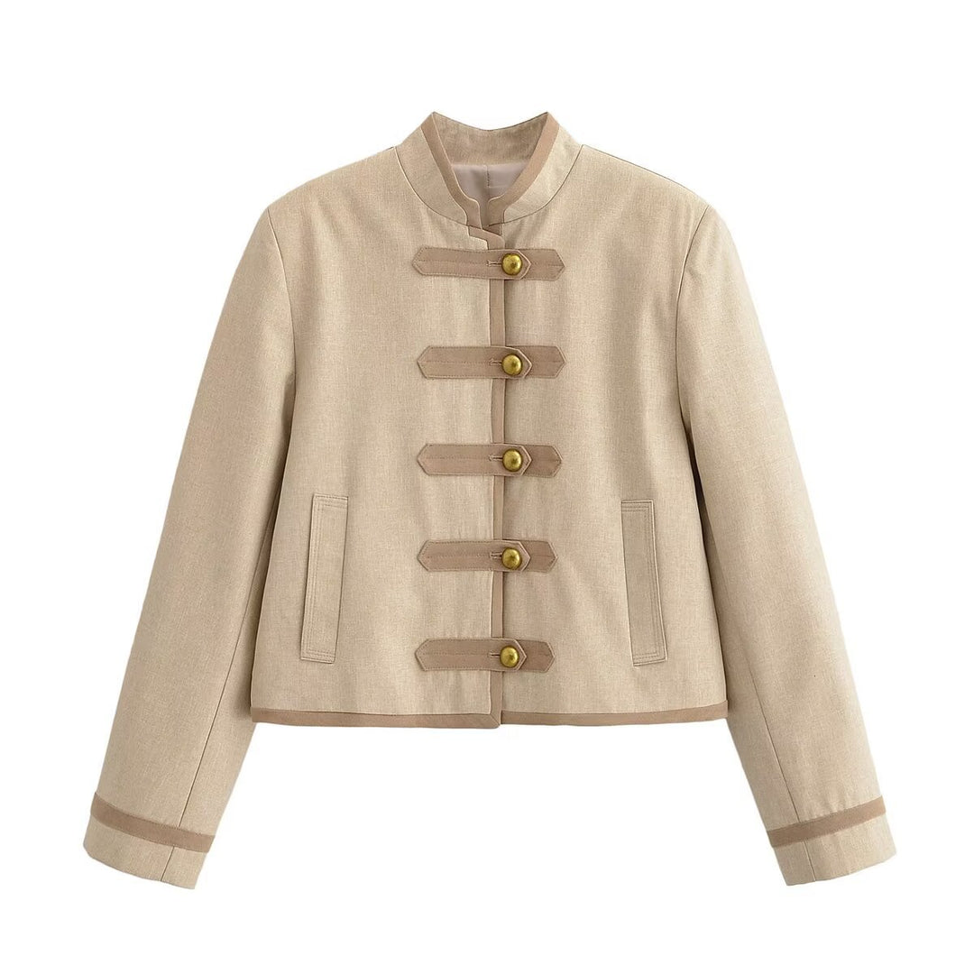 Damen Kurze Militärinspirierte Jacke mit Stehkragen und Zierknebelverschluss Shop Nory