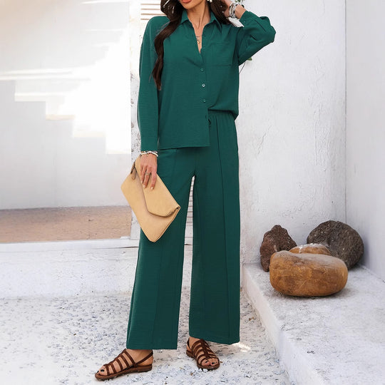 Damen nan relaxendes Hemd- und Palazzo-Set mit elastischem Tunnelzugbund, Brusttasche und strukturierter Crinkle-Qualität Shop Nory