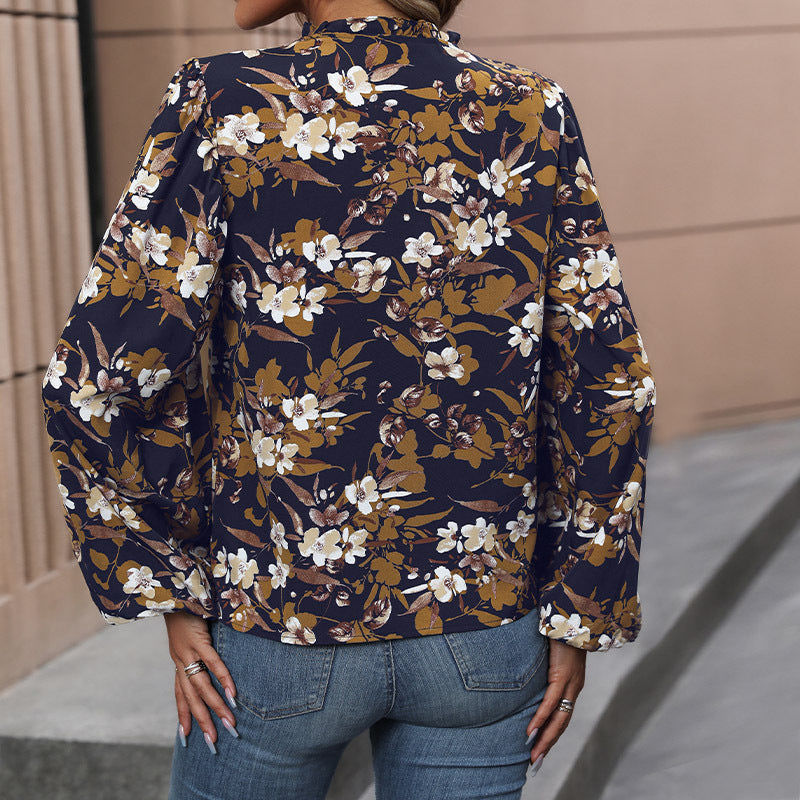 Damen Leichte Chiffonbluse mit floralem Alloverprint, V-Ausschnitt und voluminösen Bündelärmeln Shop Nory