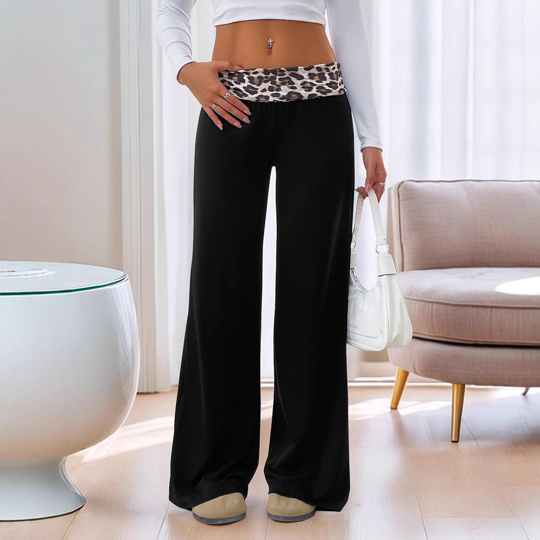 Damen Weite Loungewear‑Hose mit umgeschlagenem Leopardenbund und hoher Taille Shop Nory