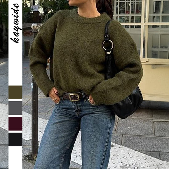 Damen nan kuscheliger Oversize-Strickpullover mit Rundhalsausschnitt und voluminösen Ballonärmeln Shop Nory