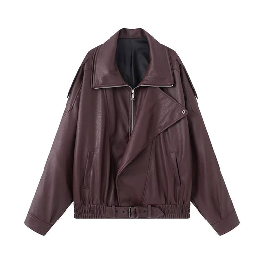 Damen Oversize Kunstleder-Bikerjacke mit asymmetrischem Reißverschluss, Gürtel und elastischem Bund Shop Nory