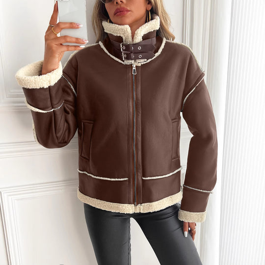 Damen Modische Kunstlederjacke mit Teddyfutter