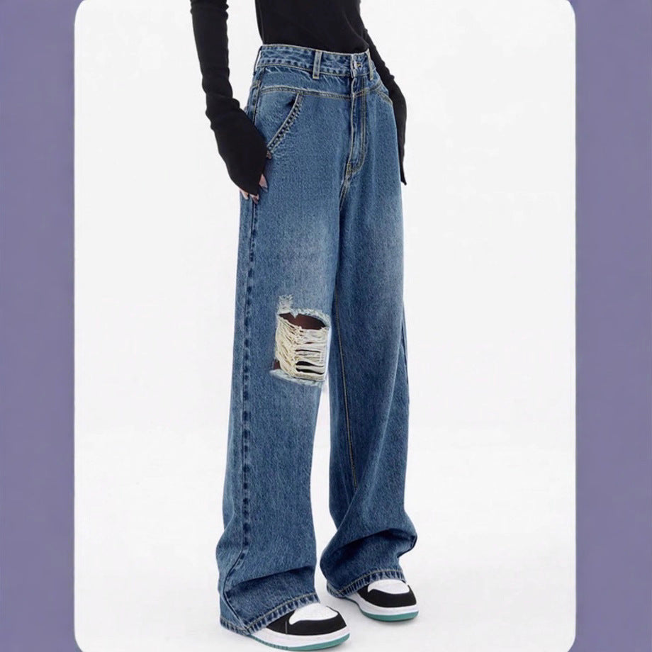Damen hochtaillierte Oversized-Baggy-Jeans mit Knie-Rip und weitem Bein Shop Nory