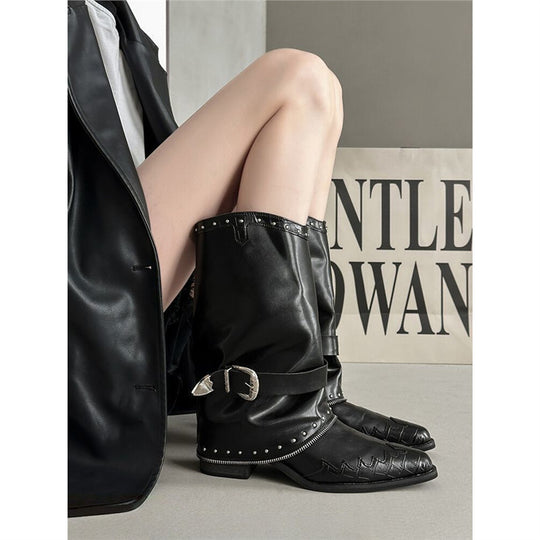 Damen Biker‑Western Midcalf‑Stiefel mit Ziernieten, Schnallenriemen und geprägter Zehenkappe Shop Nory
